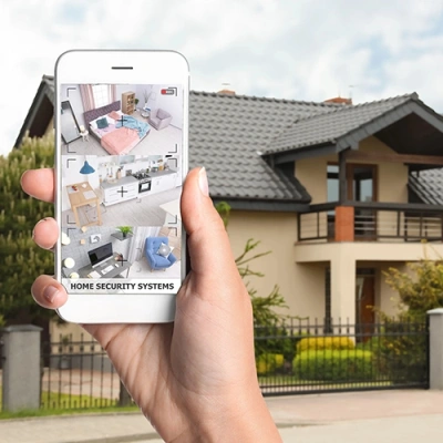 Stockton vivint phone display of cctv live feed in front of a house